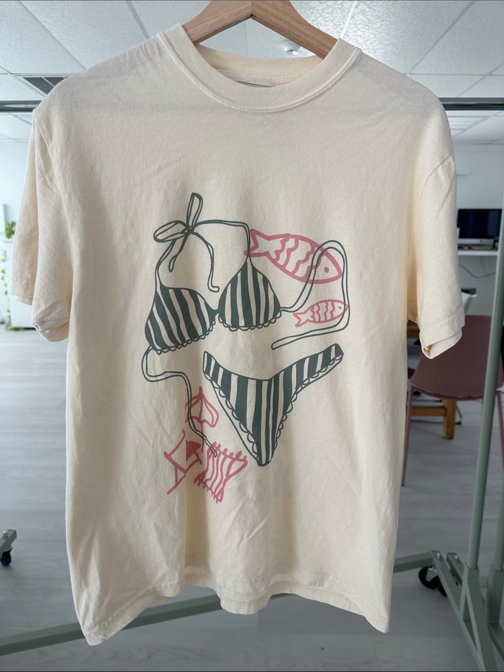 Cream Graphic Tee with Bikini Illustration